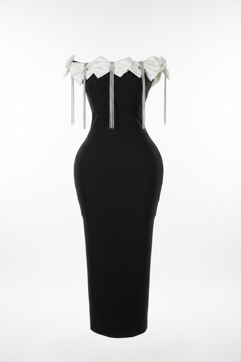 Sexy Off Shoulder Flower Diamonds Black Bow Tie Maxi