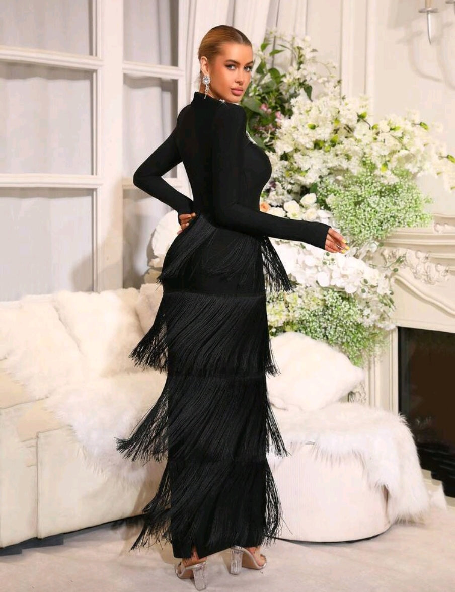 Vestido Diamond Feather Tight Long Maxi Dress Long sleeves Banquet Gown