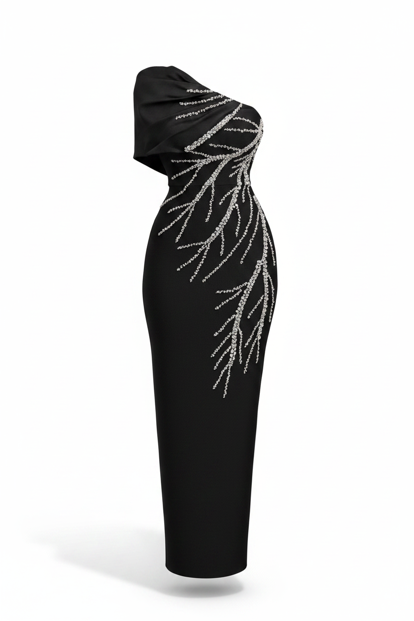 Beading  Rhinestones Bodycon One Shoulder Long Bandage Gown