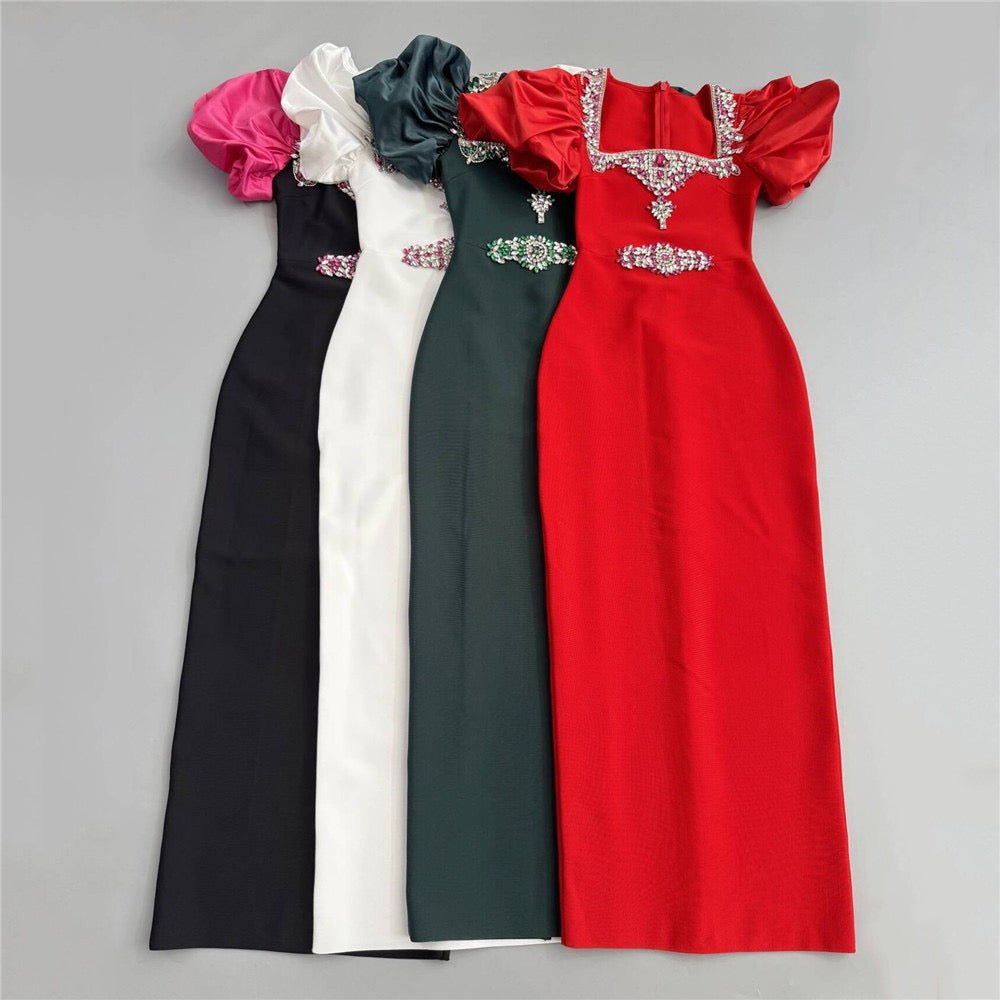 Elegant Heavy Diamond Embedded Bubble Short Sleeve Square Collar Red Carpet Gown - Bandage city