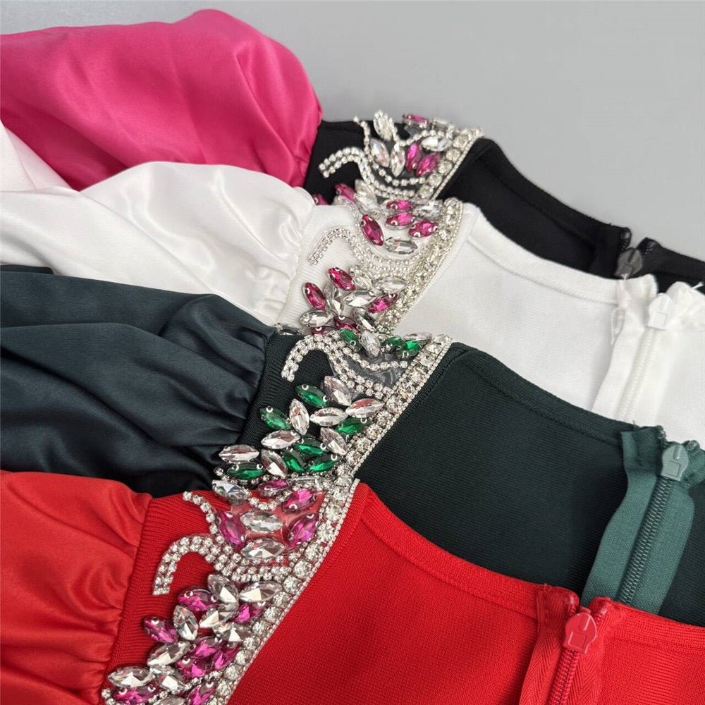 Elegant Heavy Diamond Embedded Bubble Short Sleeve Square Collar Red Carpet Gown - Bandage city