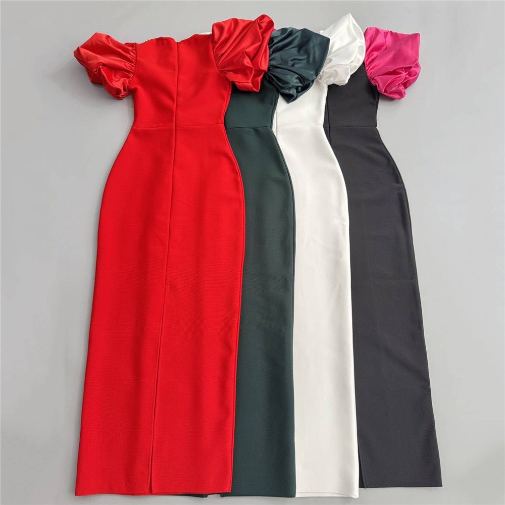 Elegant Heavy Diamond Embedded Bubble Short Sleeve Square Collar Red Carpet Gown - Bandage city