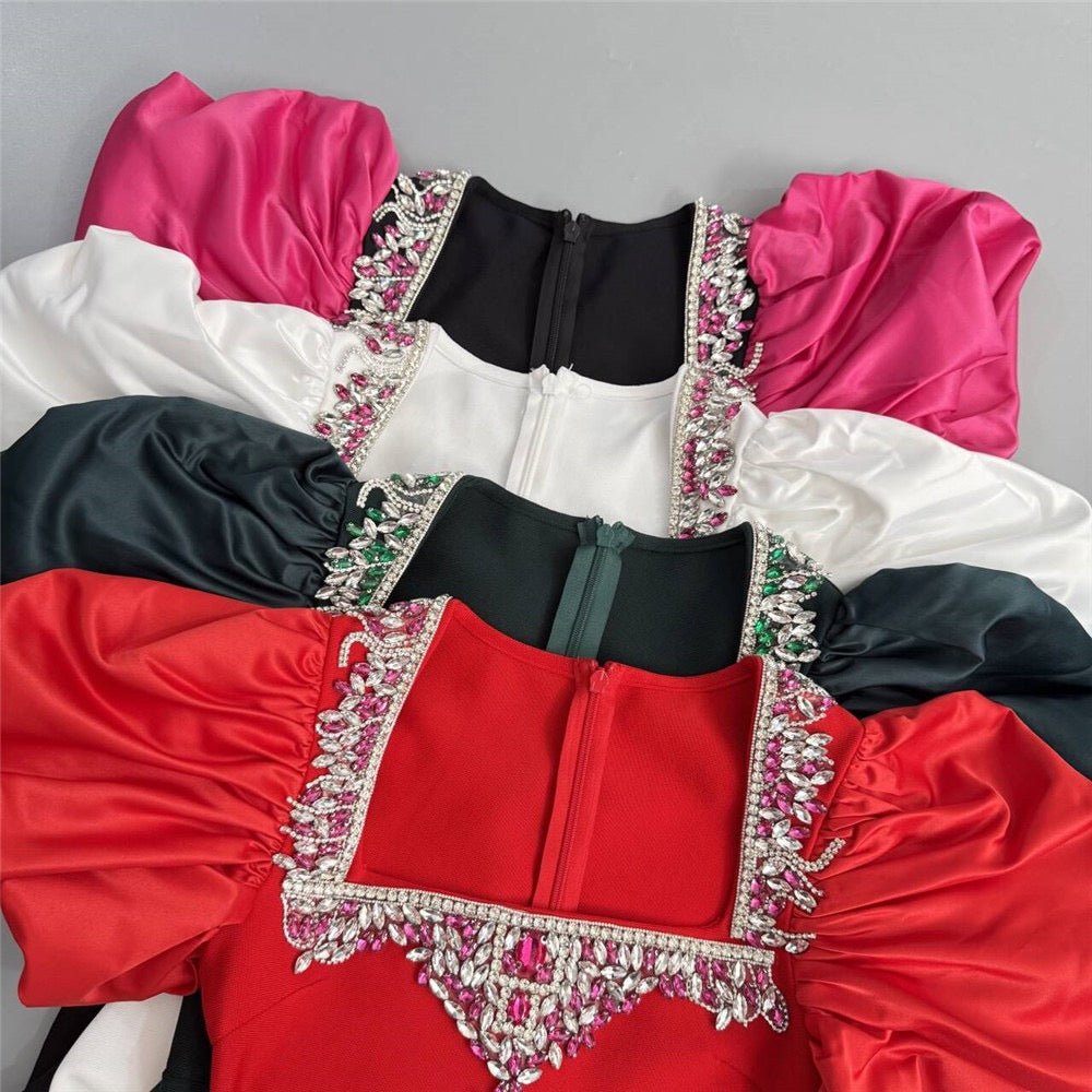 Elegant Heavy Diamond Embedded Bubble Short Sleeve Square Collar Red Carpet Gown - Bandage city