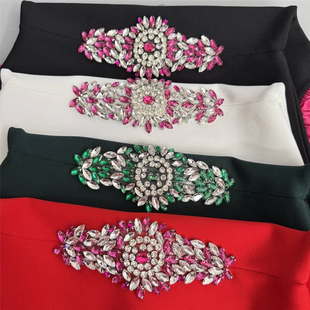 Elegant Heavy Diamond Embedded Bubble Short Sleeve Square Collar Red Carpet Gown - Bandage city