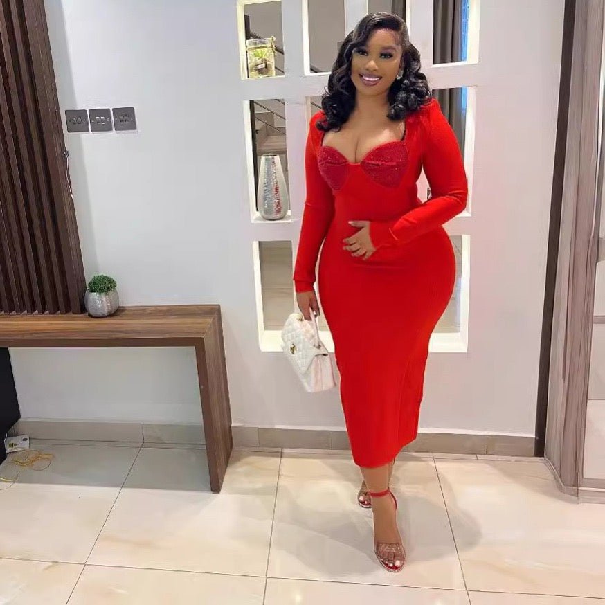 Elegant Wrap Chest with Shoulder Pad Slimming Long Dress - Bandage city