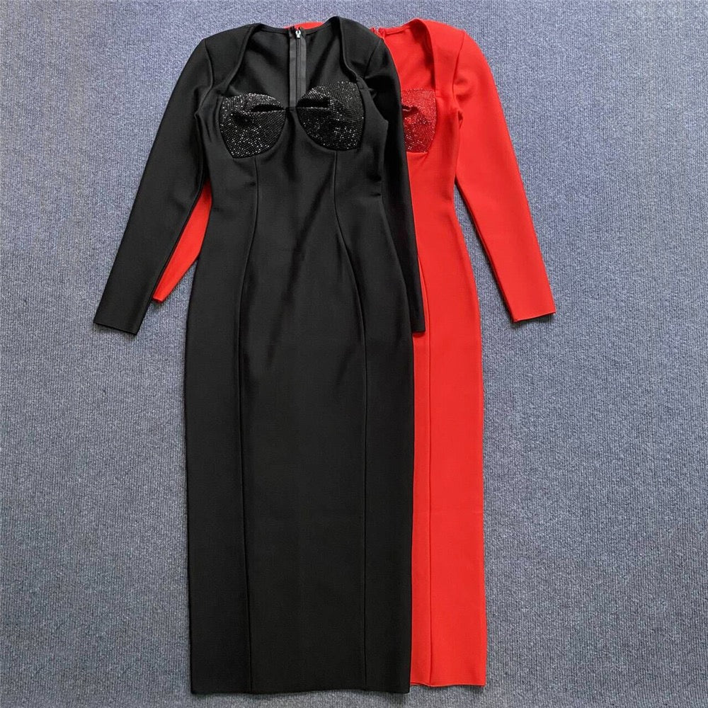 Elegant Wrap Chest with Shoulder Pad Slimming Long Dress - Bandage city