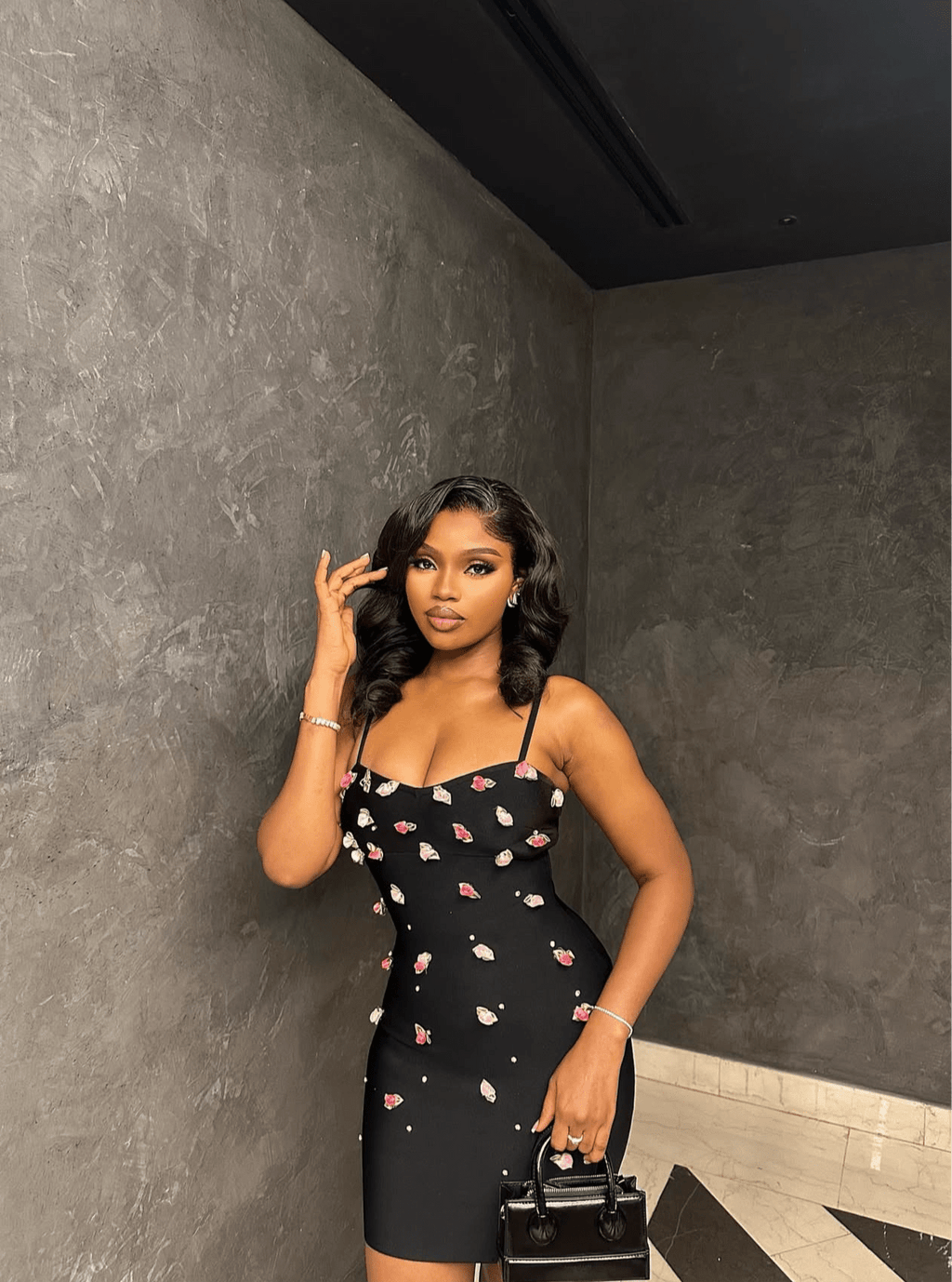 Eye - Catching Sleeveless Strappy Black Bodycon Bandage Dress with Pink Floral & Dot Spaghetti - Strap Sleeveless Nightclub Gown - Bandage city