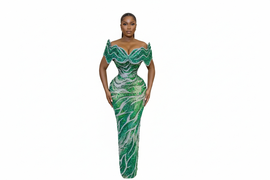 Green sequined dress on white background