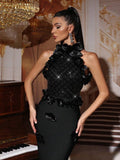 High Collar Classic Sleeveless Prom Dresses Temperament Flowers Special Occasion Gown - Bandage city