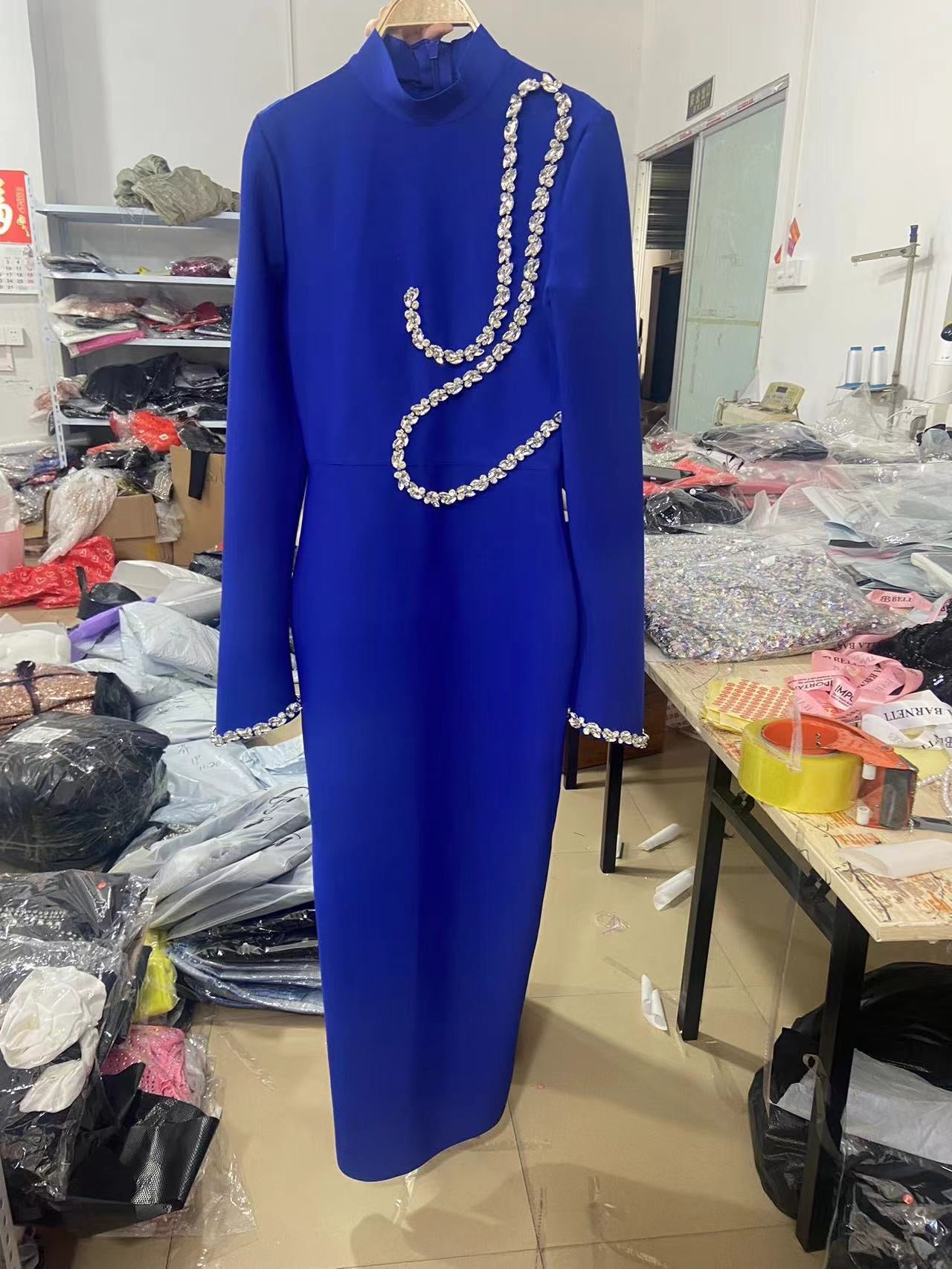 Long Sleeve Diamonds Maxi Long Bodycon Bandage Dress Elegant Party Birthday Dress - Bandage city
