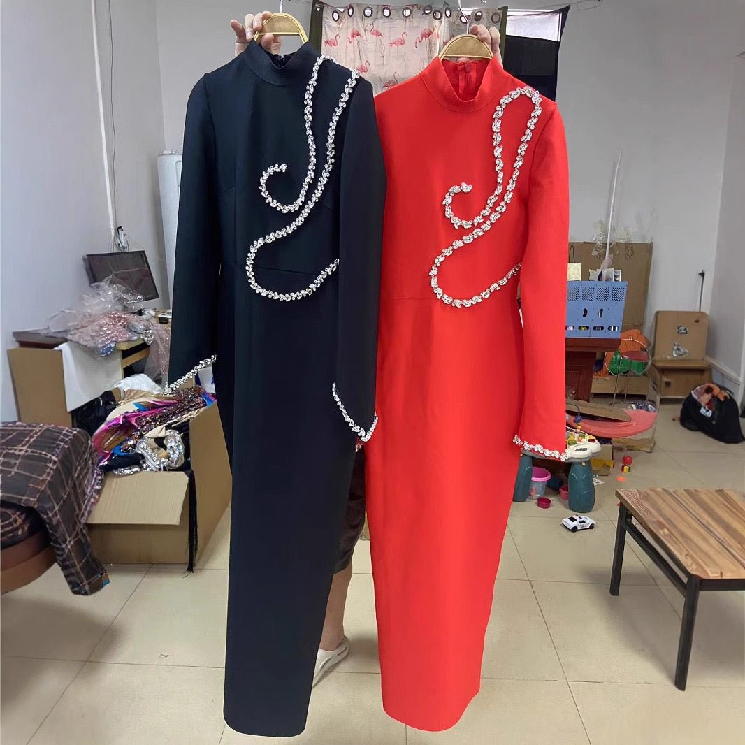 Long Sleeve Diamonds Maxi Long Bodycon Bandage Dress Elegant Party Birthday Dress - Bandage city