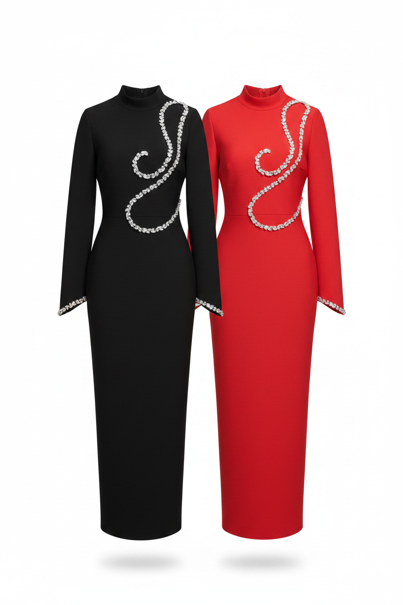 Long Sleeve Elegant Diamond Maxi Bandage Dress