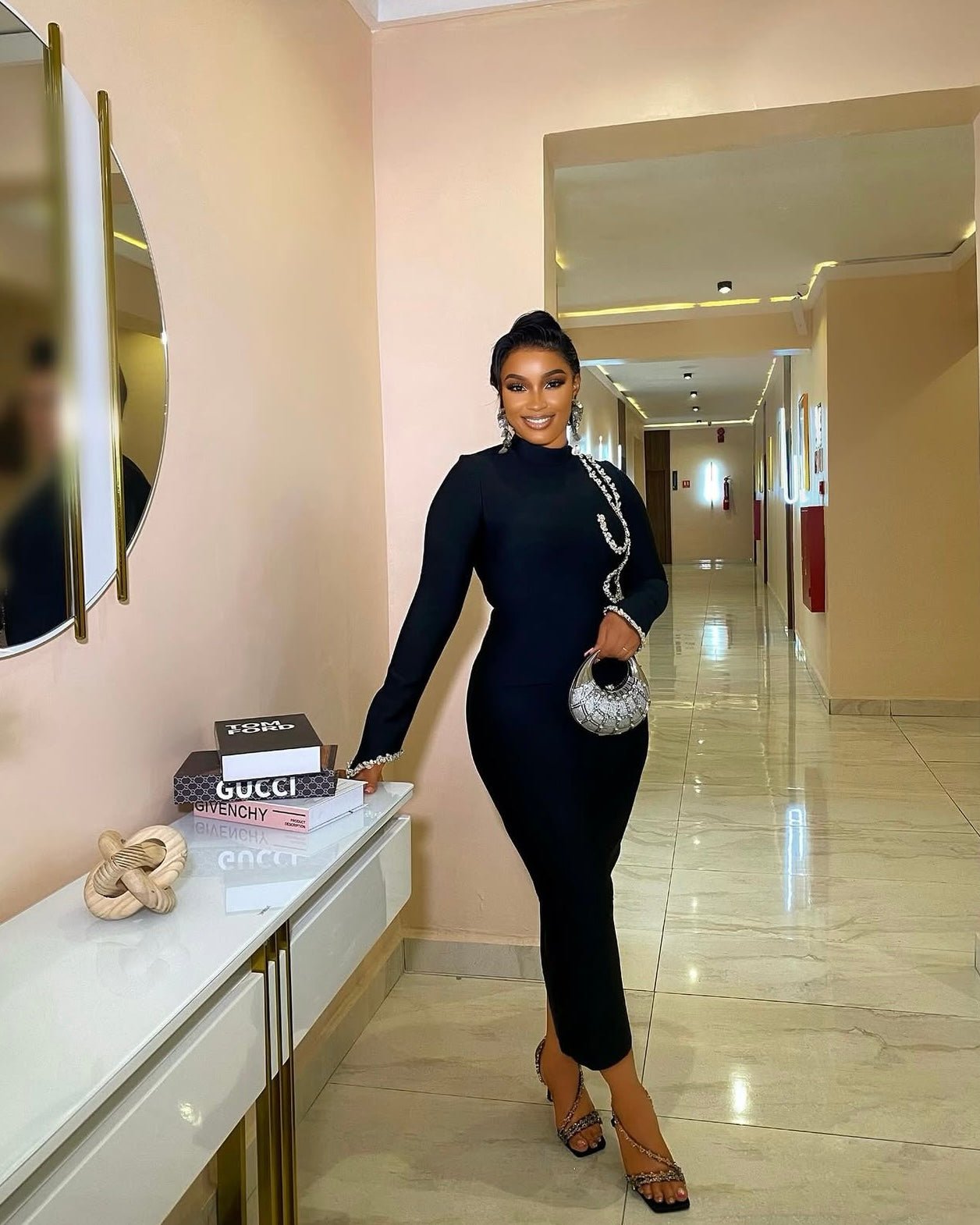 Long Sleeve Diamonds Maxi Long Bodycon Bandage Dress Elegant Party Birthday Dress - Bandage city