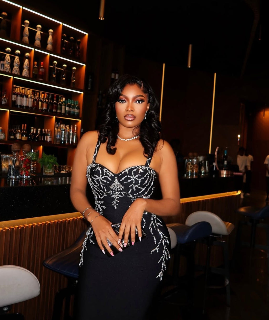 Luxurious Rhinestone Bodycon Black Strap Bandage Dress - Bandage city
