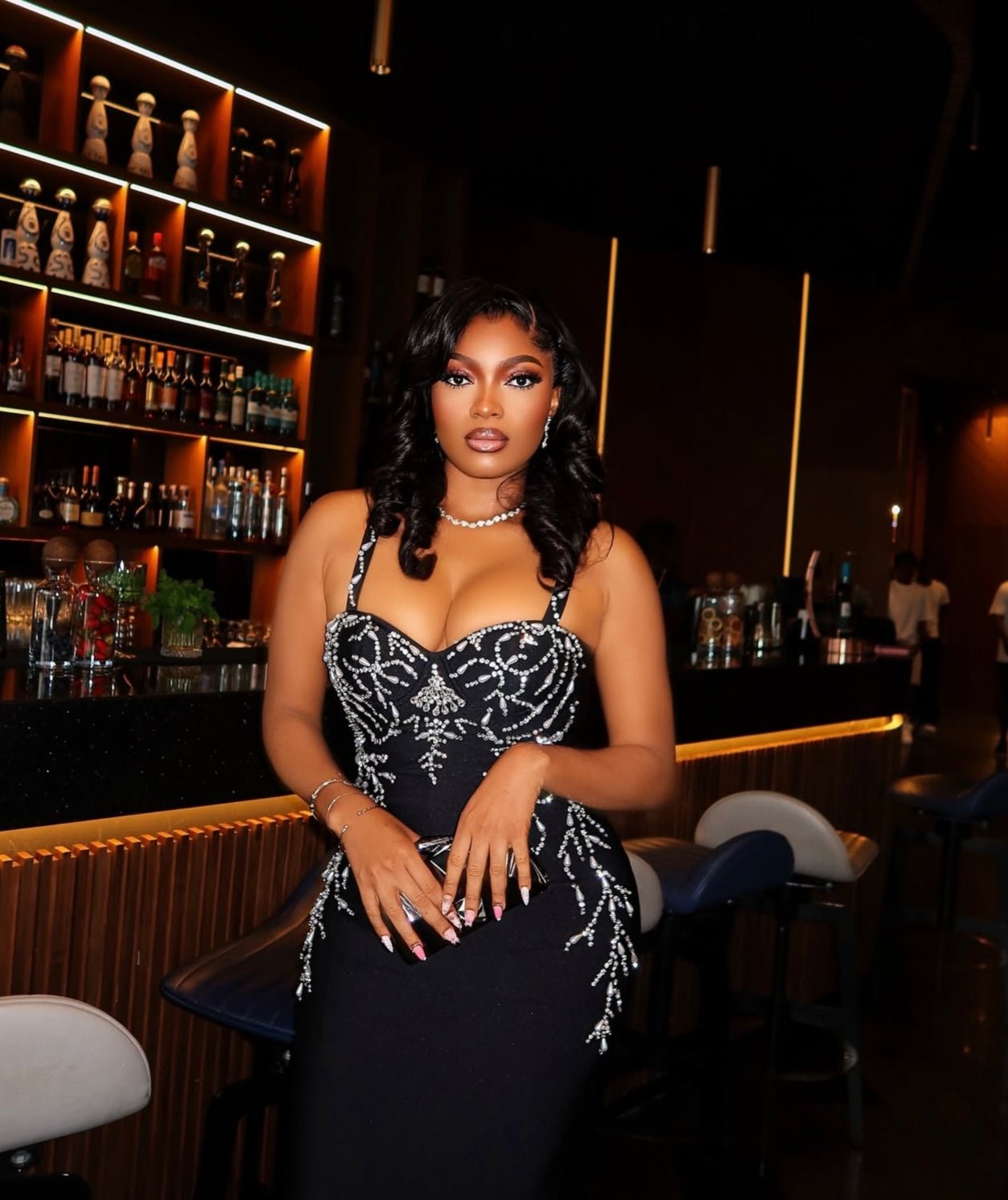 Luxurious Rhinestone Bodycon Black Strap Bandage Dress - Bandage city