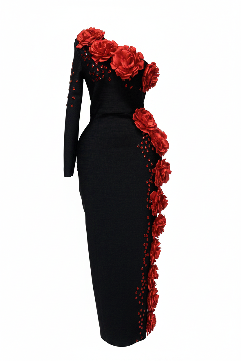 Crystal Maxi One hand Long Sleeve Red Appliques