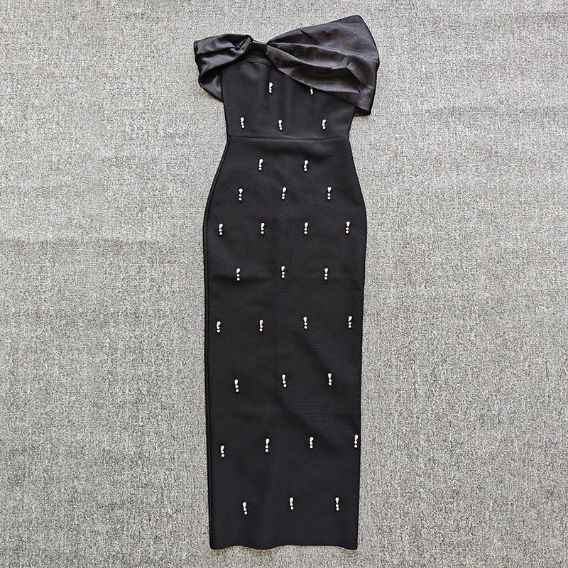 Off Shoulder Rhinestone Bow Long Bandage Dress Wedding Guest Dress - Bandage city
