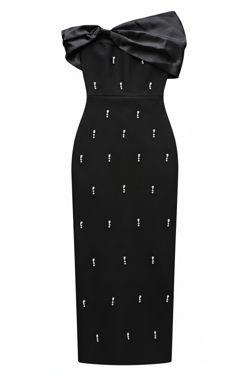 Off Shoulder Rhinestone Bow Long Bandage Dress