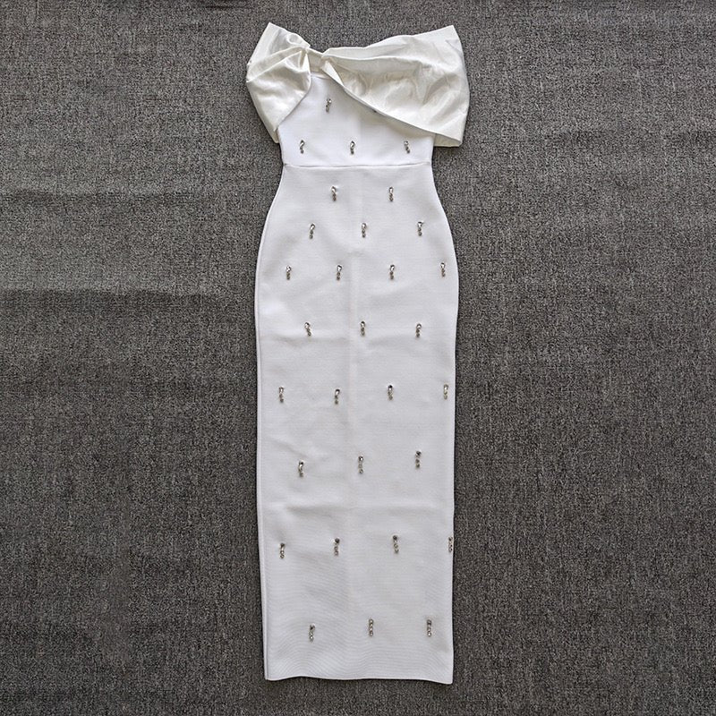 Off Shoulder Rhinestone Bow Long Bandage Dress Wedding Guest Dress - Bandage city