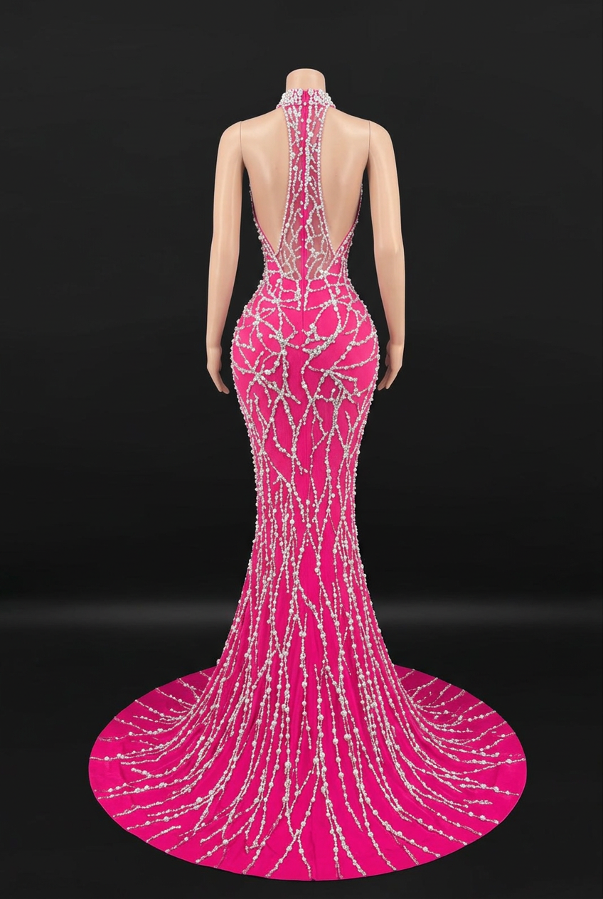 Pink crystal gown on a skin-tone mannequin against a black background