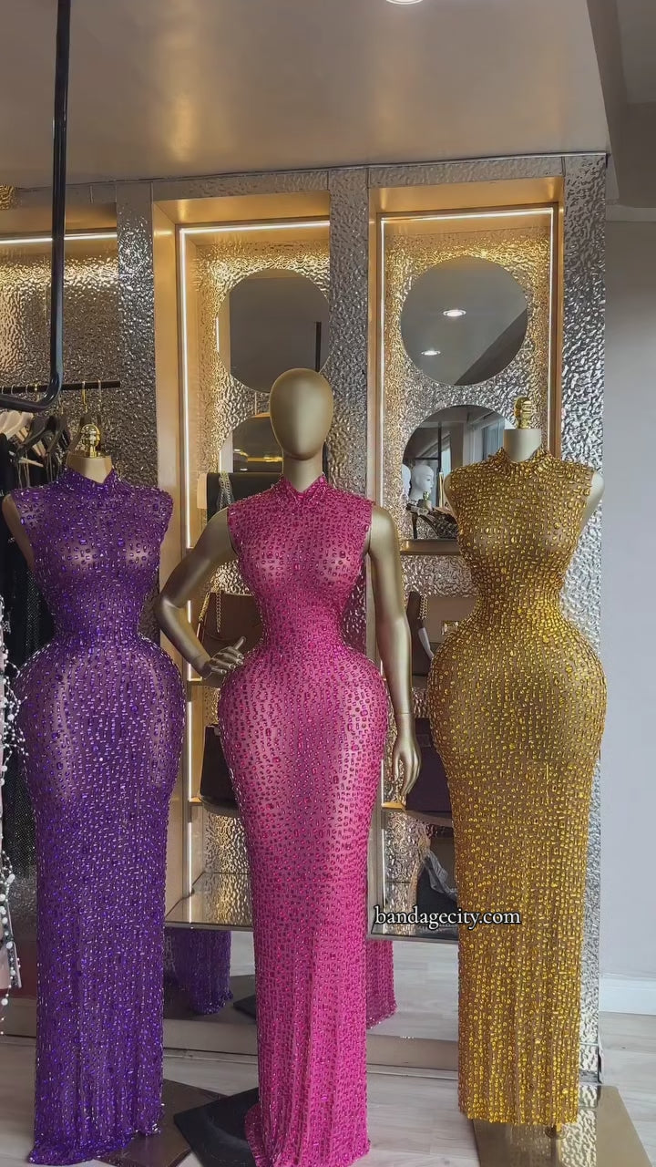 Gilded Glamour Mock-Neck Shimmer Luxury Gown