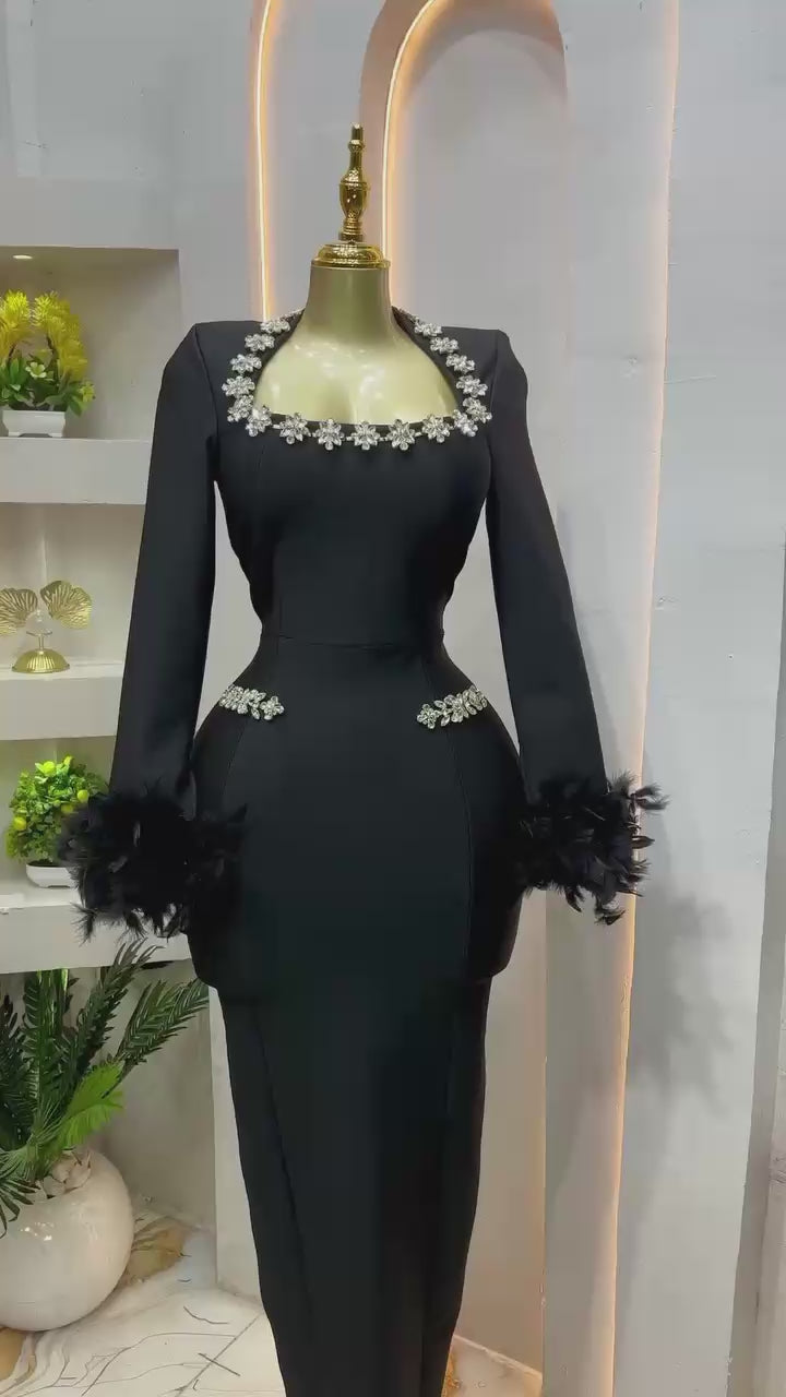 Vestido Diamond Feather Tight Long Maxi Dress Long sleeves Banquet Gown
