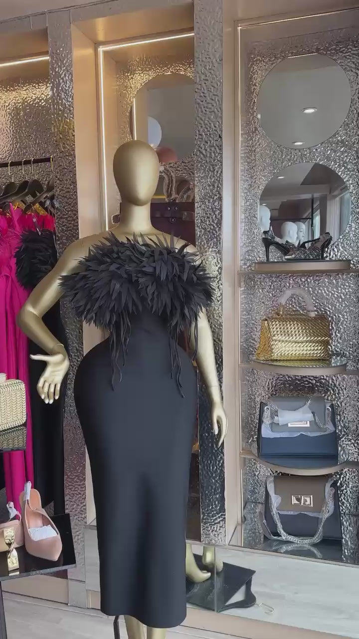 Strapless Feathers Bodycon Long Bandage Dress Birthday Outfit