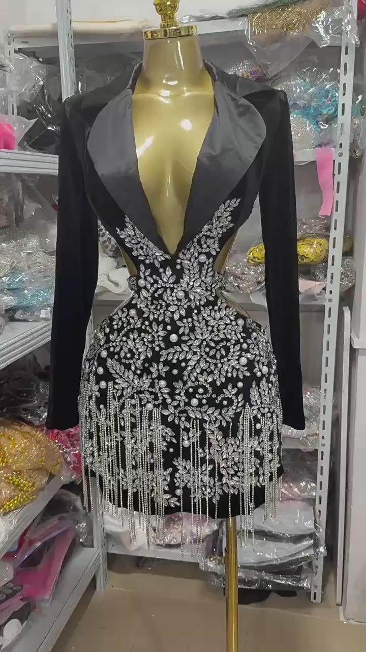 Blazer-Style Cross-Over Rhinestones Dress