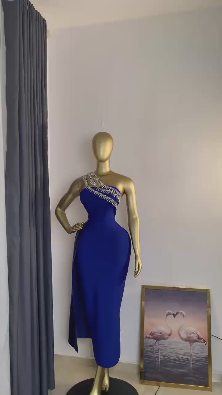Sexy One Shoulder Diamond Tassel Bandage Dress Sleeveelss Crystal Patchwork Draped