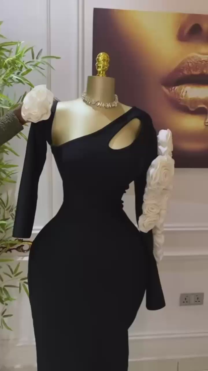 Sexy One Shoulder Key Hole Flower Maxi Long Bodycon Bandage Dress Women Knitted Elegant Evening Club Party Outfit