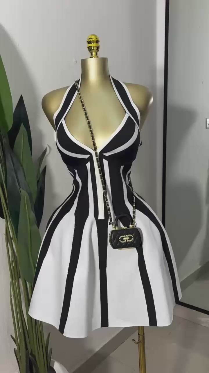 A Line Sexy Backless Black White Stripes Halter Bandage Gown