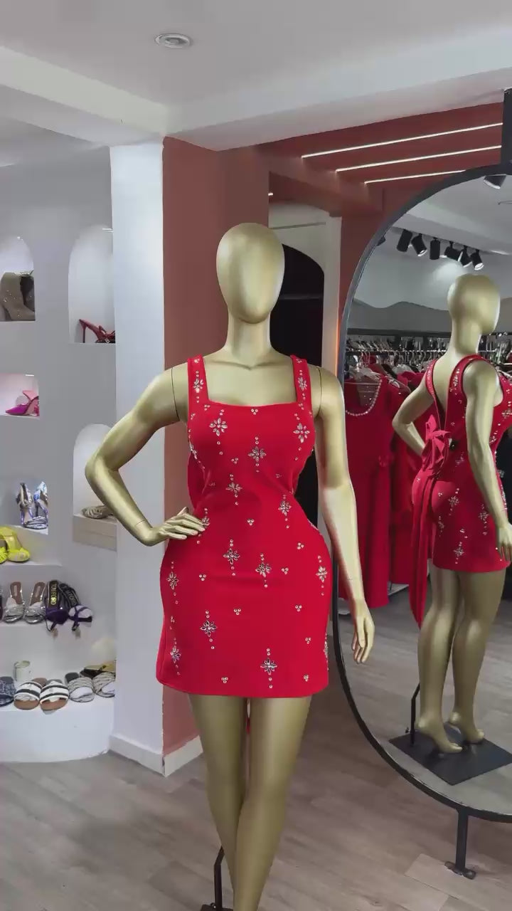 Luxury Socialite Party Dress Square Neck Backless Bow High Waist Slim A-line Short Dress