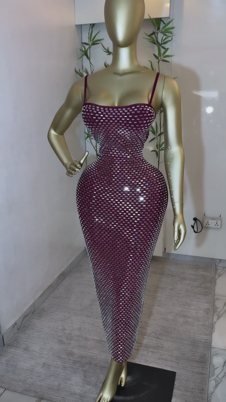 The Bordeaux Glamour Grid-Embellished Strappy Dress