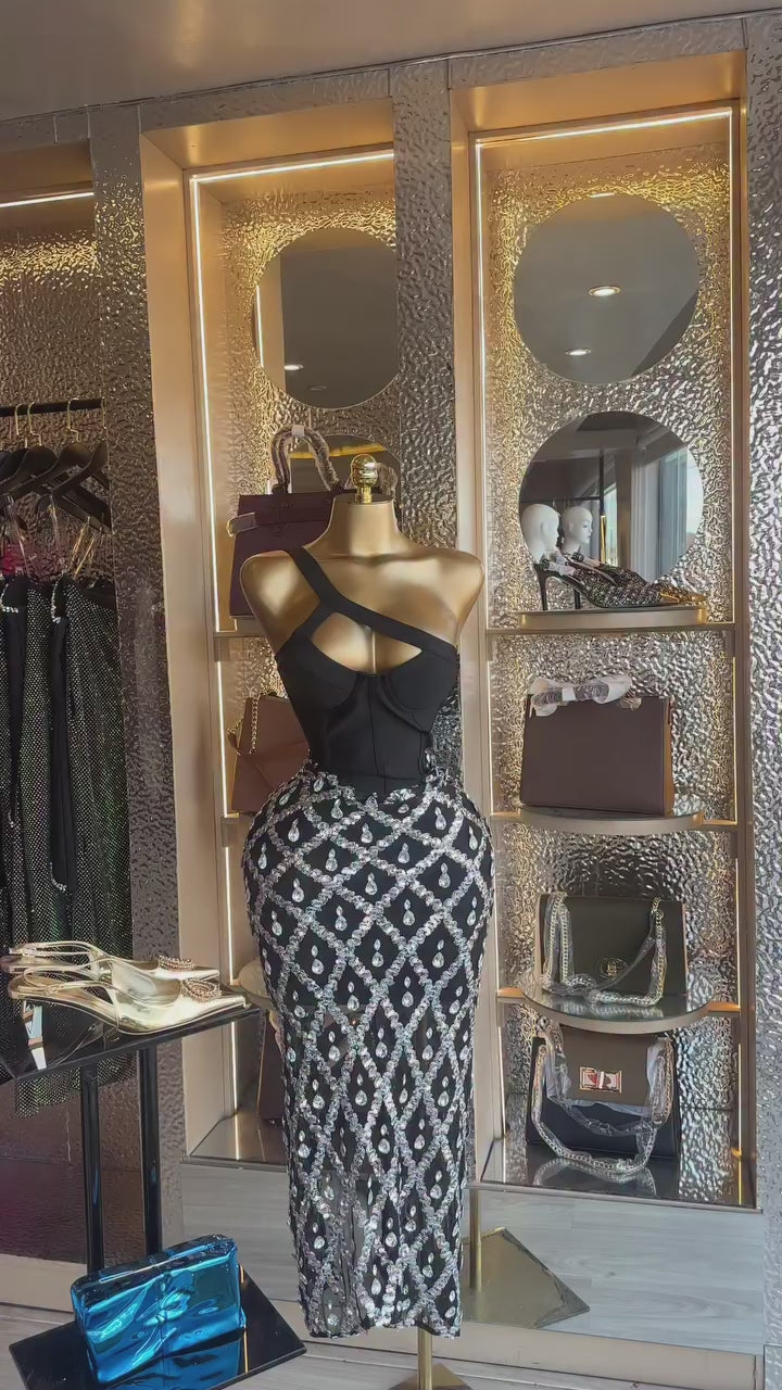 Sexy Glitter Rhinestone Off Shoulder Chain Dress Party