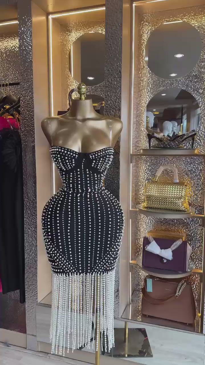 Strapless Pearl Tassel Bandage Mini Dress Bodycon Celebrity Party Dress