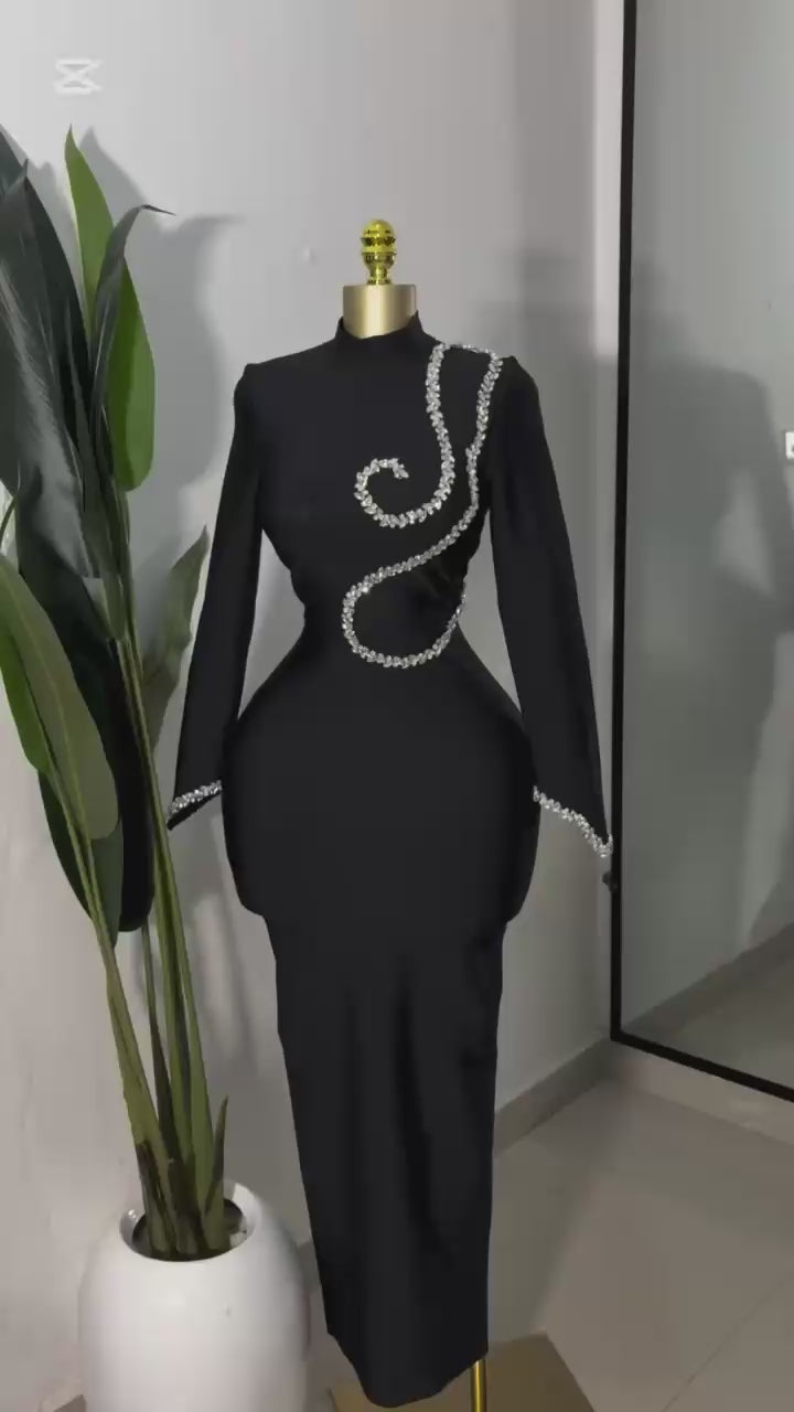 Long Sleeve Elegant Diamond Maxi Bodycon Bandage Dress