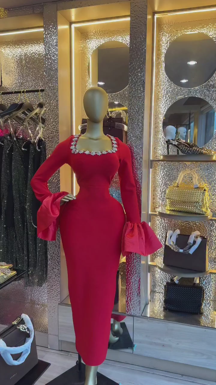Elegant Bandage Dress Beading Flare Sleeve Patchwork