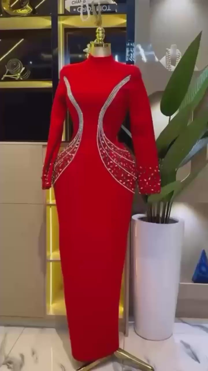 Turtleneck Shiny Diamond  Long Sleeves Crystal Bandage Long Dress