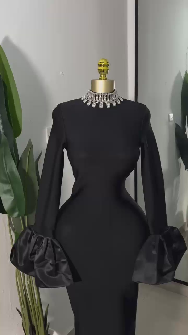 Sexy Flare Sleeve Sparkly Crystal Bodycon Bandage Long Dress Elegant  Party Celebrate OR Red Carpet
