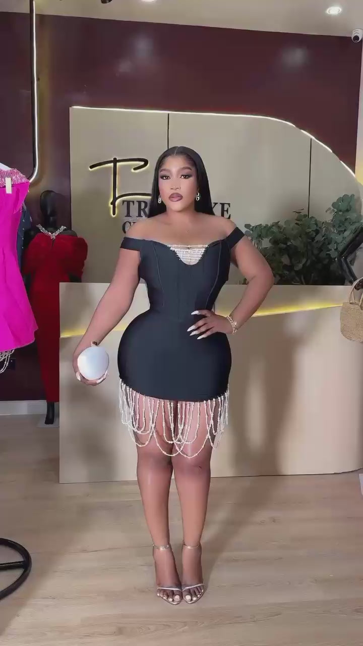 Off-Shoulder Pearl Tassel Bandage Dress Slash Neck Beaded Mini Bodycon Dress Party Gown