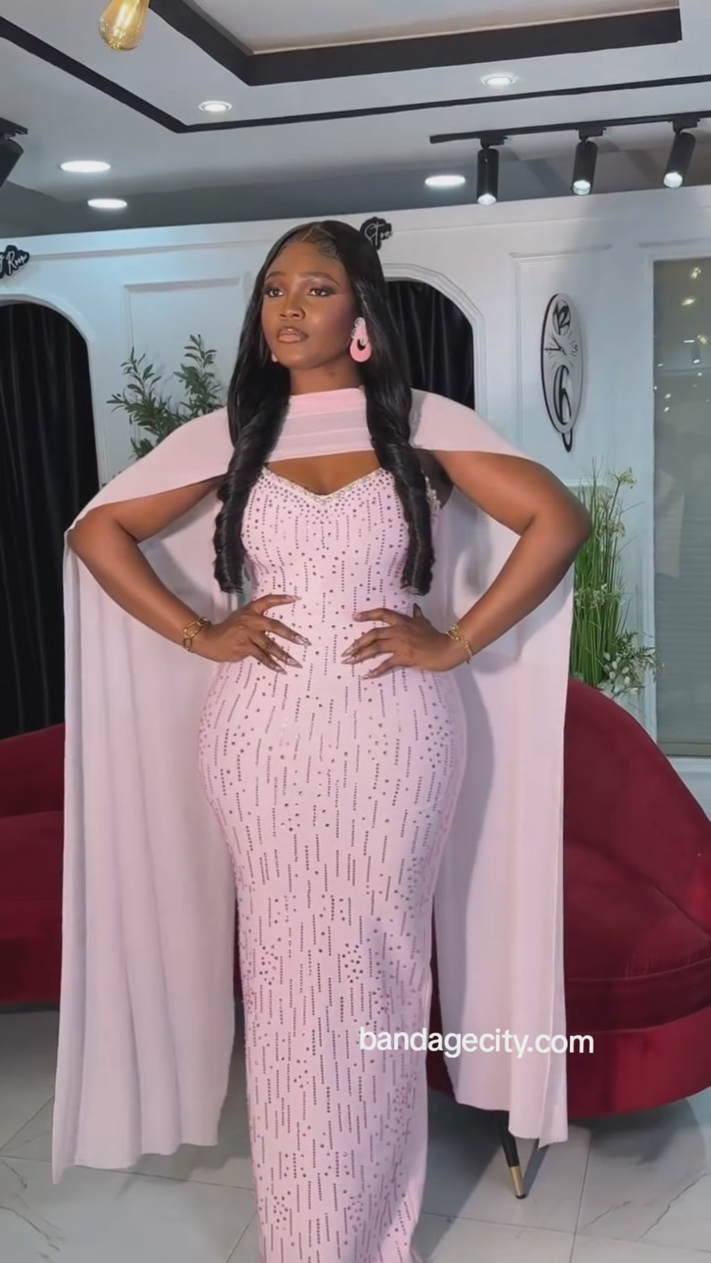 The "Gala Muse" Rhinestone Scarf Detail Bandage Maxi —  Pink Black