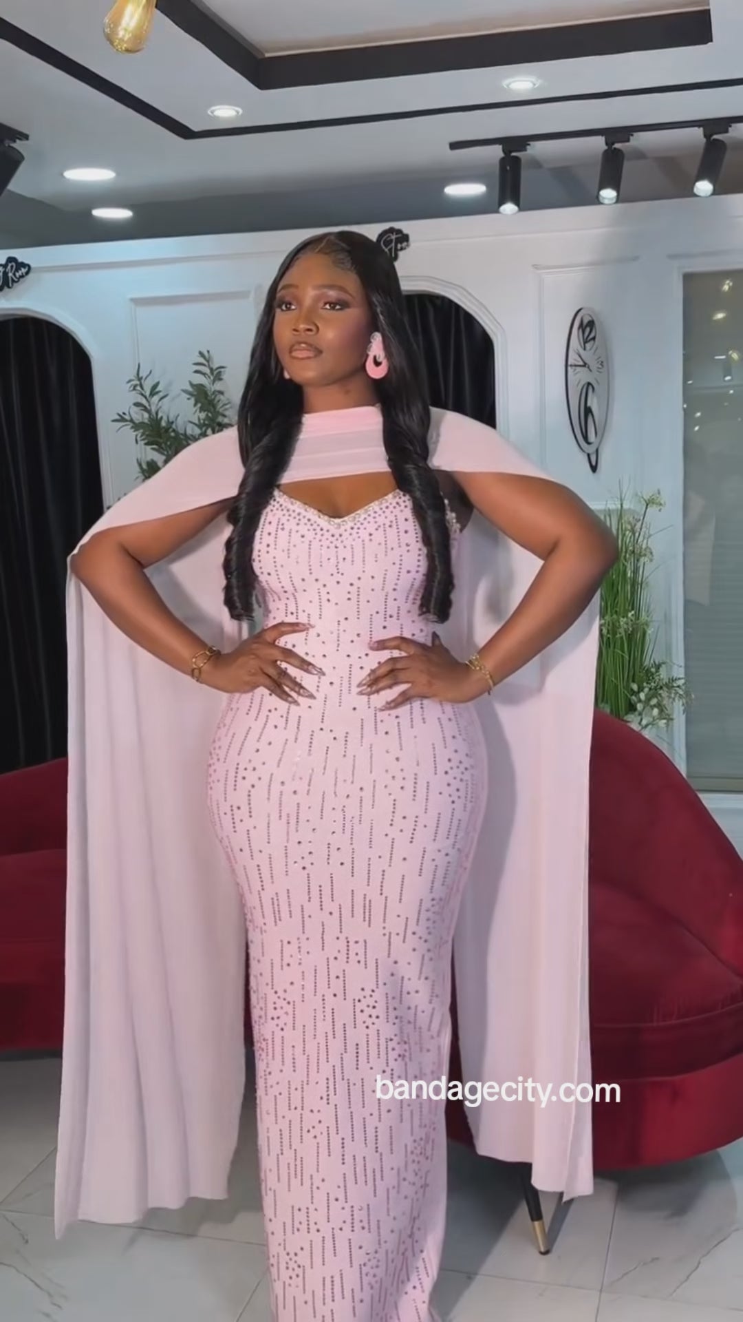 The "Gala Muse" Rhinestone Scarf Detail Bandage Maxi —  Pink Black