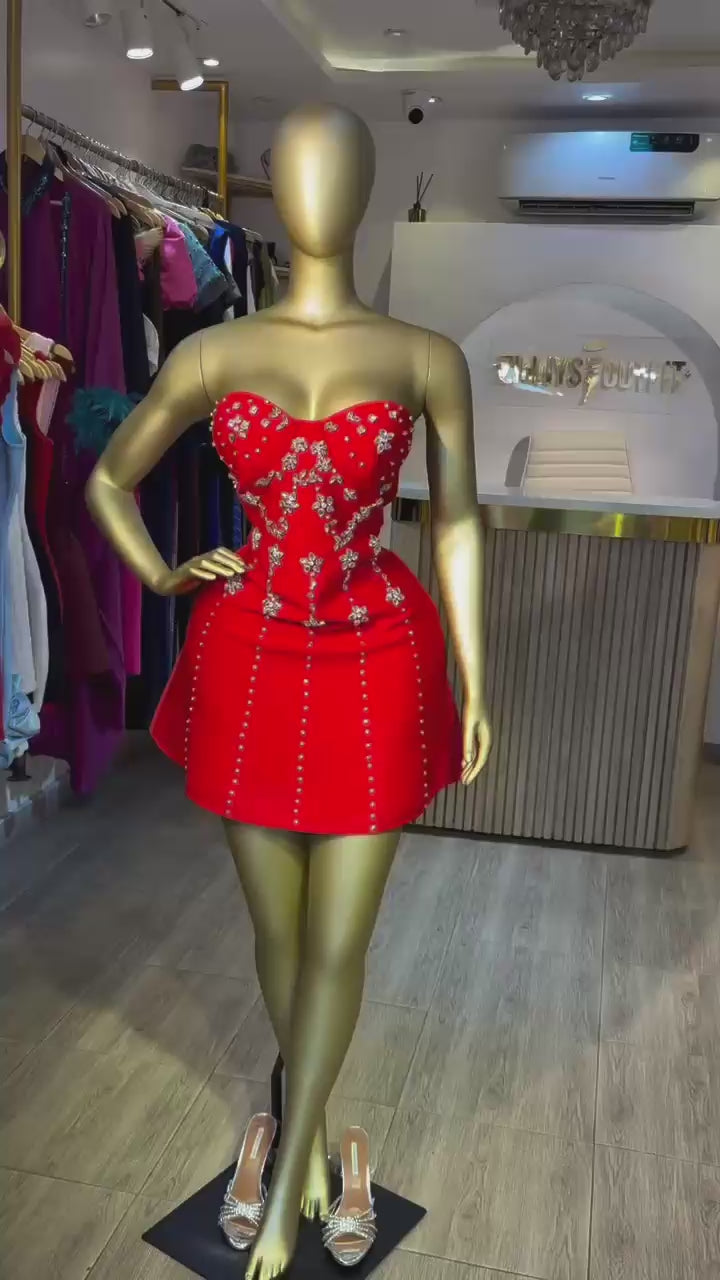 Sexy Strapless Mini Bandage Dress Diamond Beaded for Birthday Party Celebration