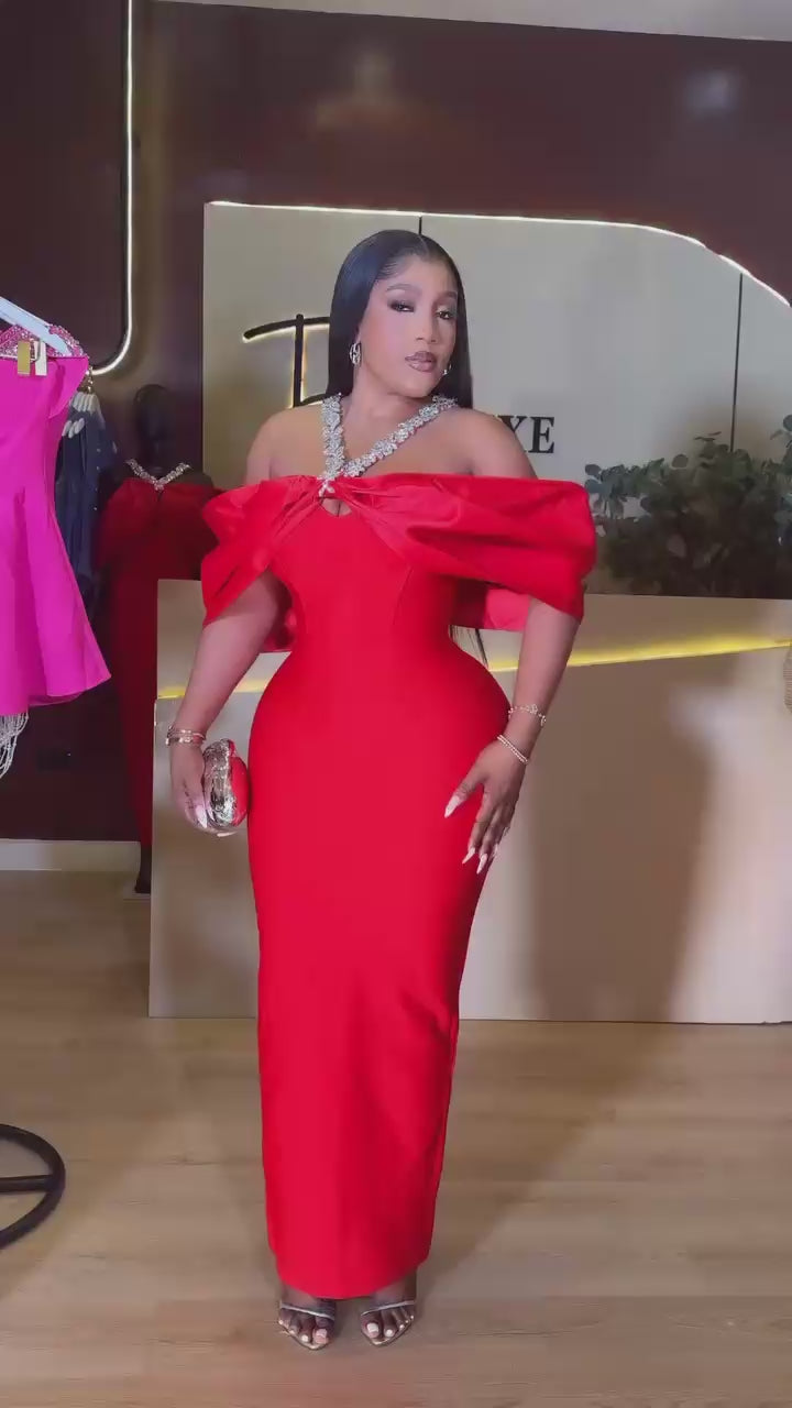 Off Shoulder Puff Sleeve Bodycon Long Bandage Dress Birthday or Red Carpet Celebrate