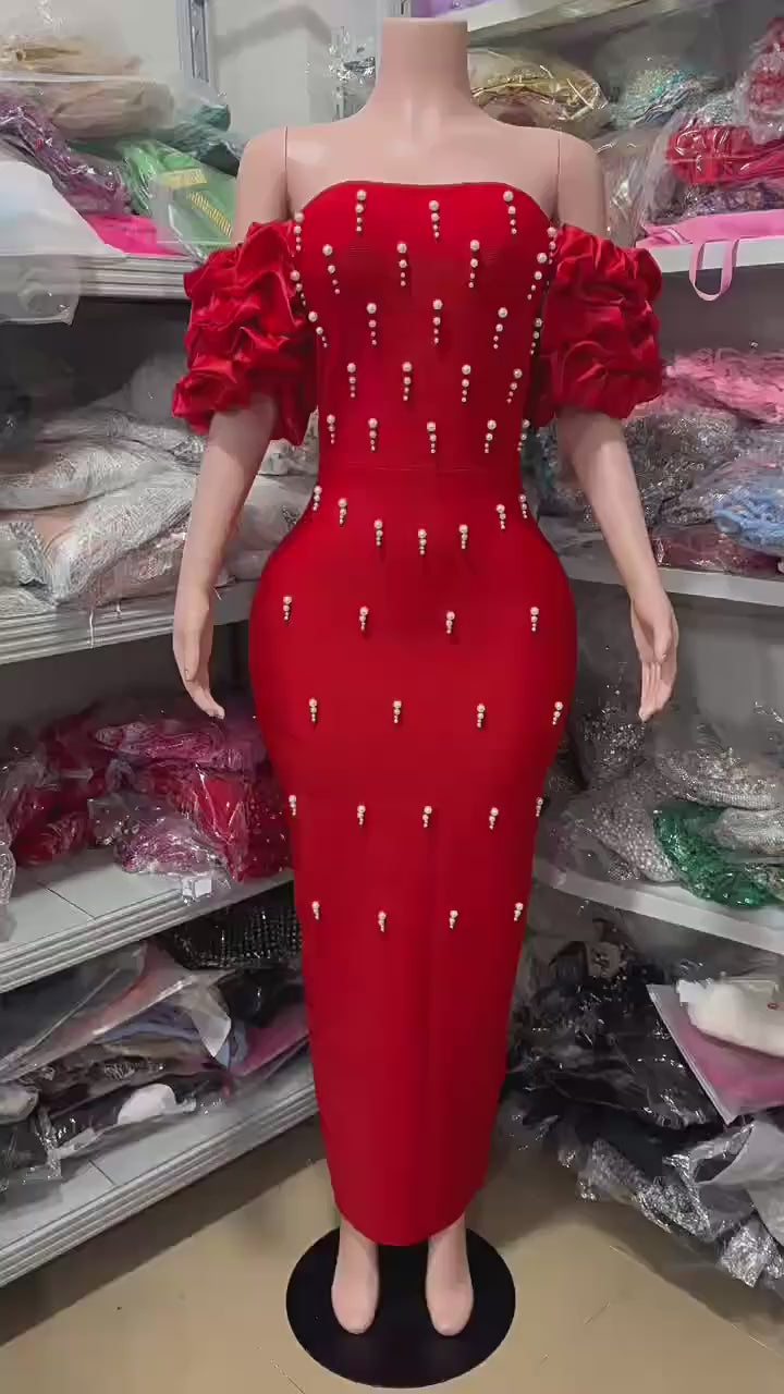 Sexy Off Shoulder Pearl Maxi Long Bodycon Bandage Dress Birthday Party