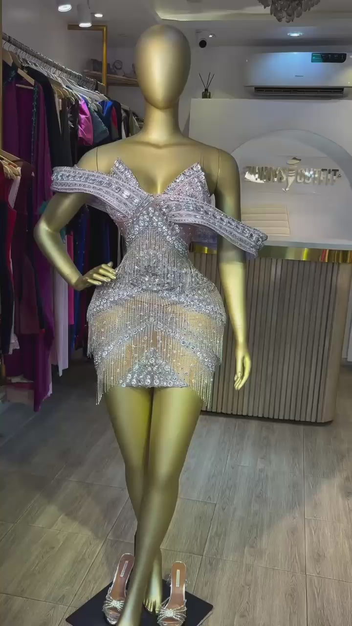 Sexy Glitter Rhinestone Off Shoulder Chain Dress Party