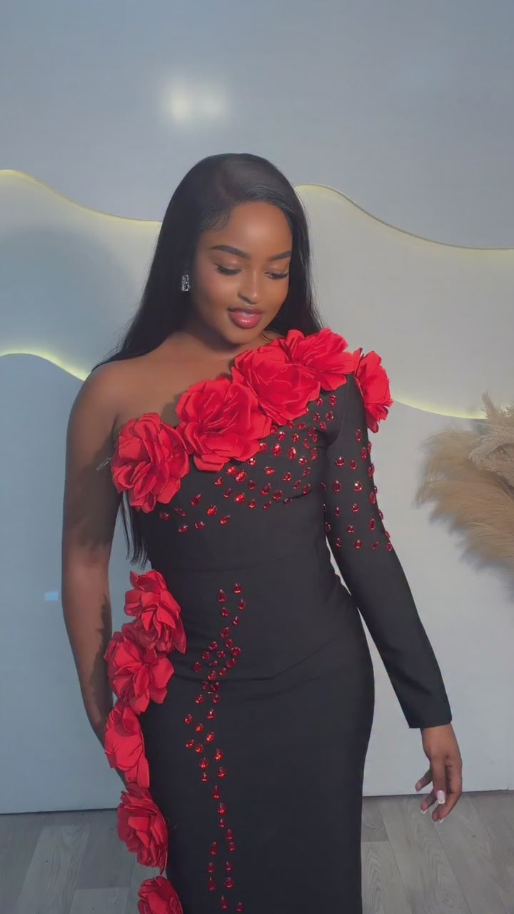 Luxury Bandage Dress Single Long Sleeve Red Appliques Crystal Maxi Long Birthday