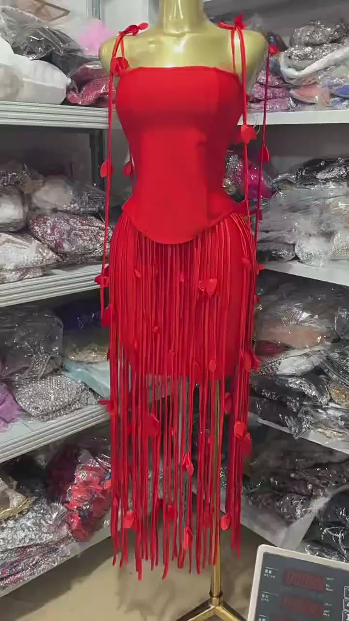 Pink Petal-Drop Fringe Mini Dress