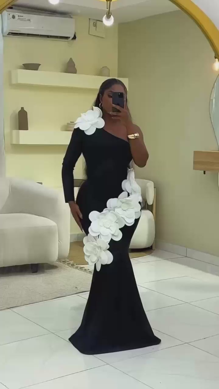 One Shoulder Hole Flower Maxi Long Bodycon Bandage Dress Knitted Elegant Party Outfit