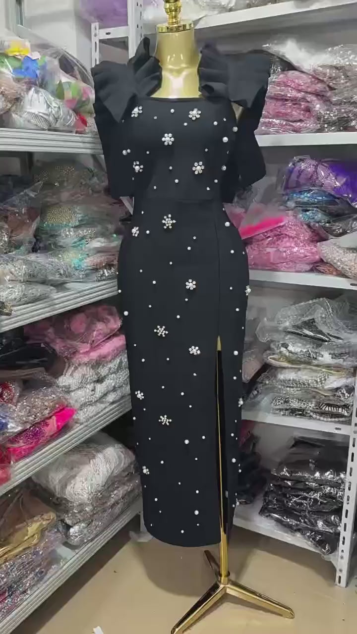 Side-Slit Midi Bandage Dress with Crystal Detailing